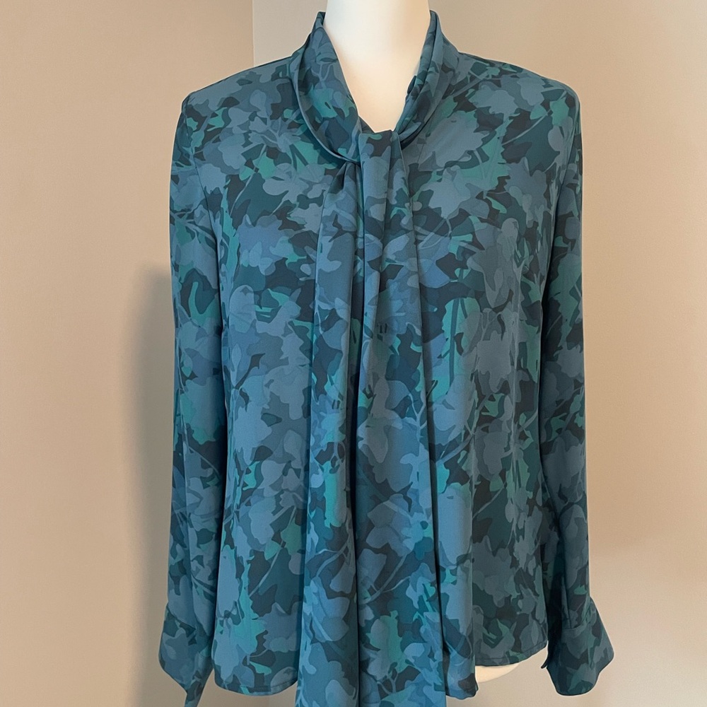 The Limited Blue Pleated Blouse with Mandarin Collar